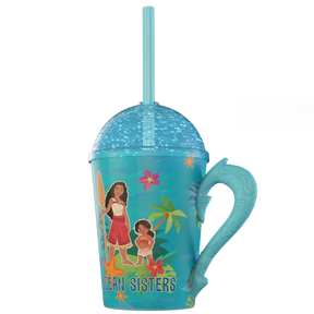 Copo Moana e Simea com Alça Tampa e Canudo Azul com Glitter 750ml