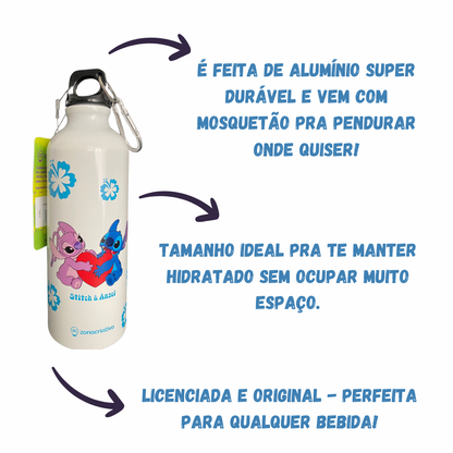 Garrafa de Alumínio Stitch e Angel 500ml – Com Mosquetão Estampa Licenciada