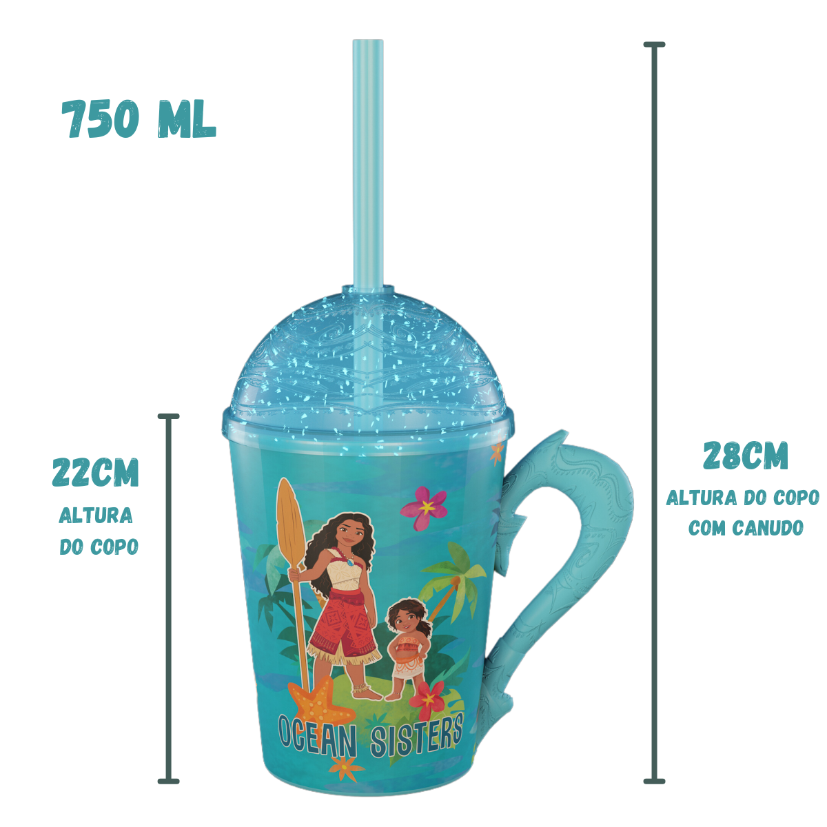 Copo Moana e Simea com Alça Tampa e Canudo Azul com Glitter 750ml