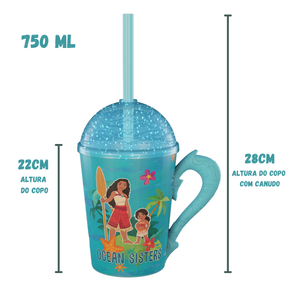 Copo Moana e Simea com Alça Tampa e Canudo Azul com Glitter 750ml