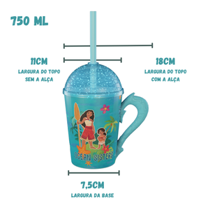 Copo Moana e Simea com Alça Tampa e Canudo Azul com Glitter 750ml