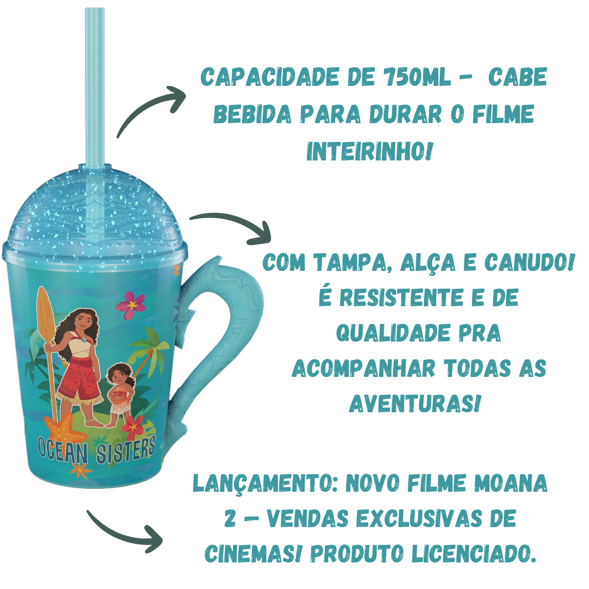 Copo Moana e Simea com Alça Tampa e Canudo Azul com Glitter 750ml