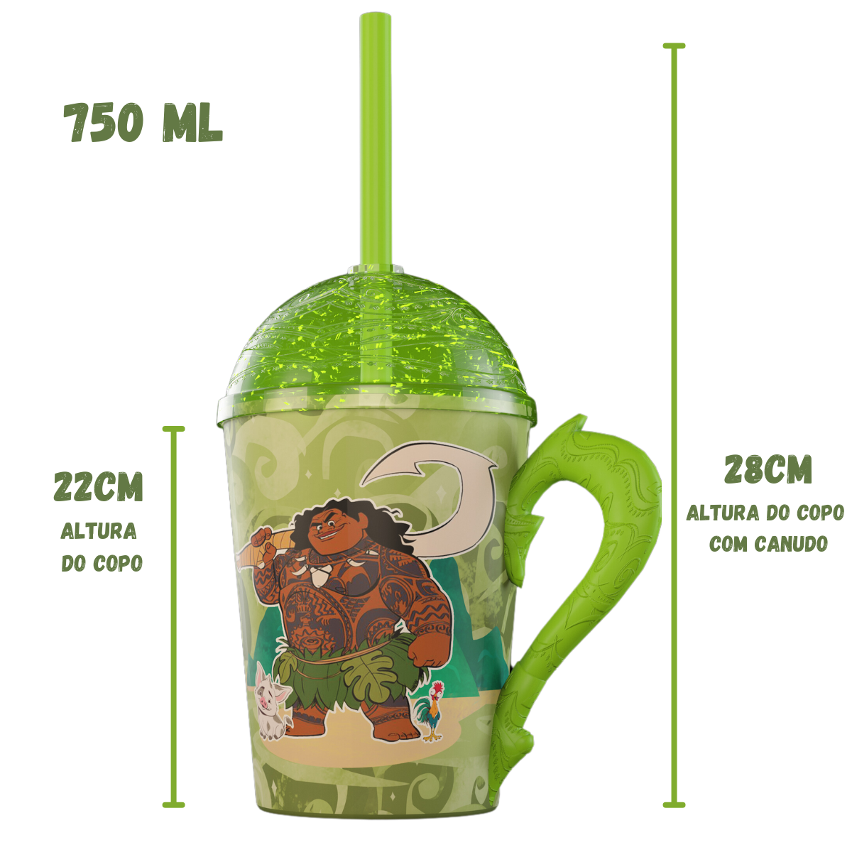 Copo Maui Moana 2 com Alça Tampa e Canudo Verde com Glitter 750ml