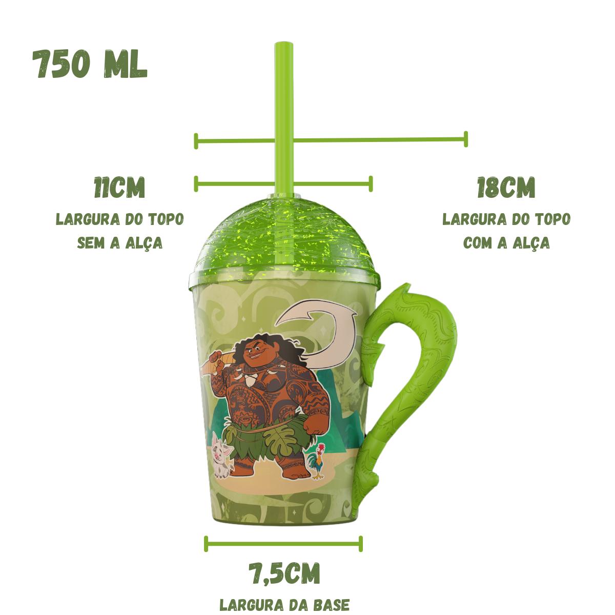 Copo Maui Moana 2 com Alça Tampa e Canudo Verde com Glitter 750ml