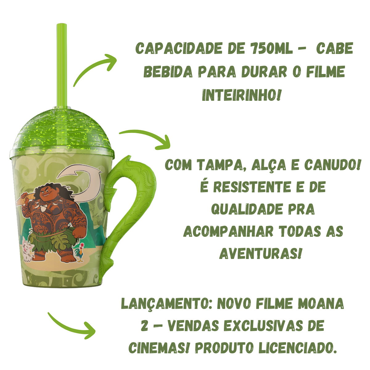 Copo Maui Moana 2 com Alça Tampa e Canudo Verde com Glitter 750ml