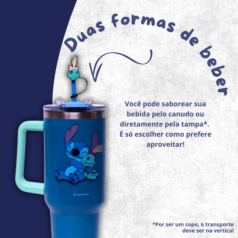 Copo Caneca Térmico Tumbler Com Canudo e Pingente Stitch e Xepa 1,15L