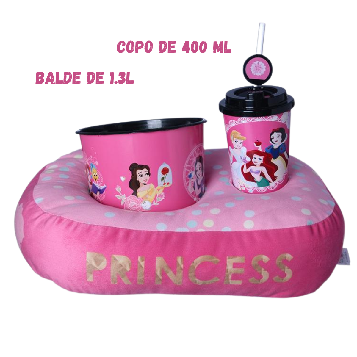 Kit Almofada Porta Pipoca Balde e Copo Princesas Individual Infantil