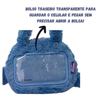 Bolsa Infantil Stitch Pelúcia Macia Compartimento Interno  Bolso Transparente Celular