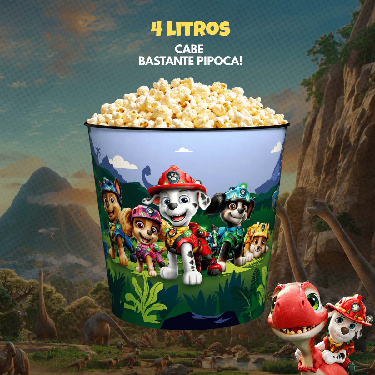 Balde de Pipoca Patrulha Canina Uma Aventura Dino 4 Litros Original Licenciado Cinema Infantil