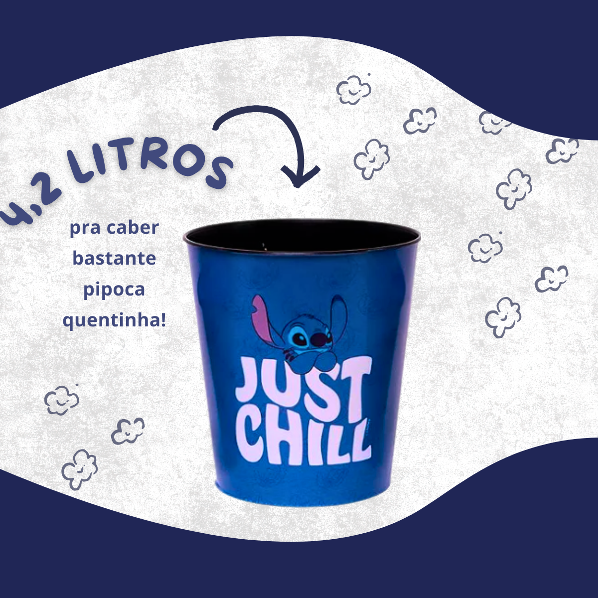 Kit Almofada Porta Pipoca Com Balde e Copos Stitch Just Chill