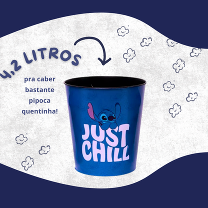 Kit Almofada Porta Pipoca Com Balde e Copos Stitch Just Chill