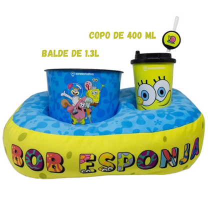 Kit Bob Esponja Almofada Porta Pipoca Balde e Copo Individual Infantil