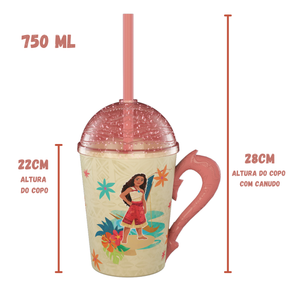 Copo Moana 2 com Alça Tampa e Canudo Rosa com Glitter 750ml