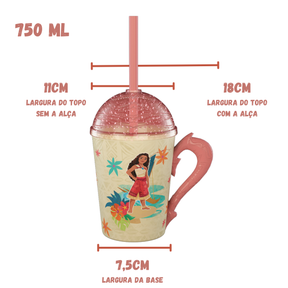 Copo Moana 2 com Alça Tampa e Canudo Rosa com Glitter 750ml