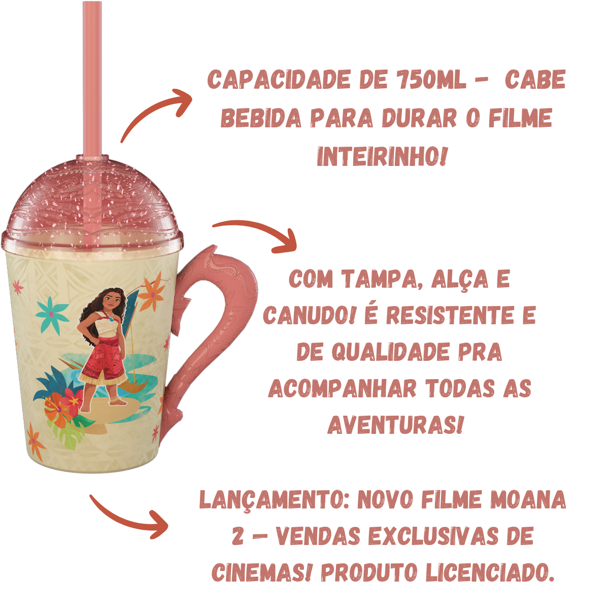 Copo Moana 2 com Alça Tampa e Canudo Rosa com Glitter 750ml