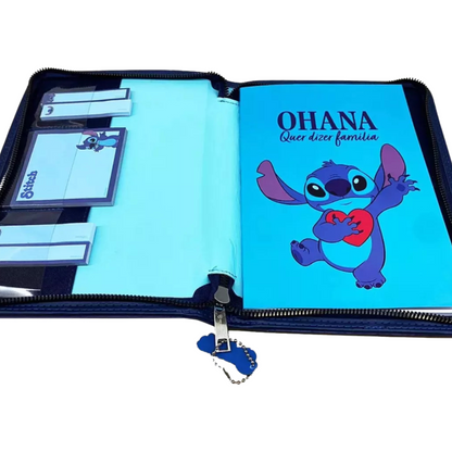 Caderno Pasta Stitch Couro Fichário com Bloco Notas e Marcadores