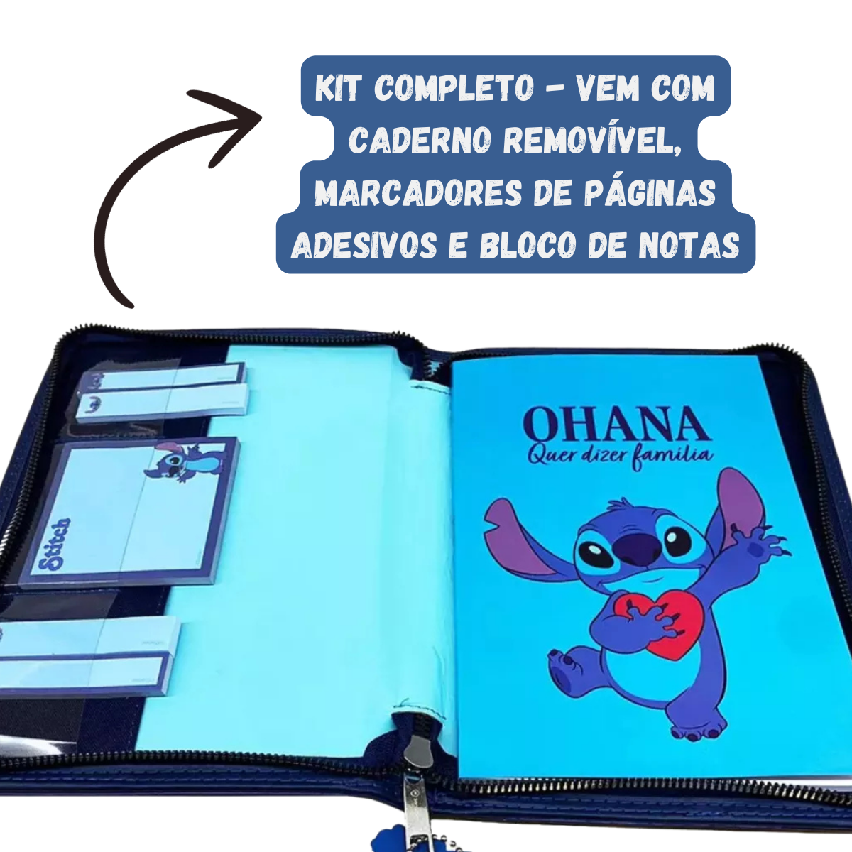 Caderno Pasta Stitch Couro Fichário com Bloco Notas e Marcadores