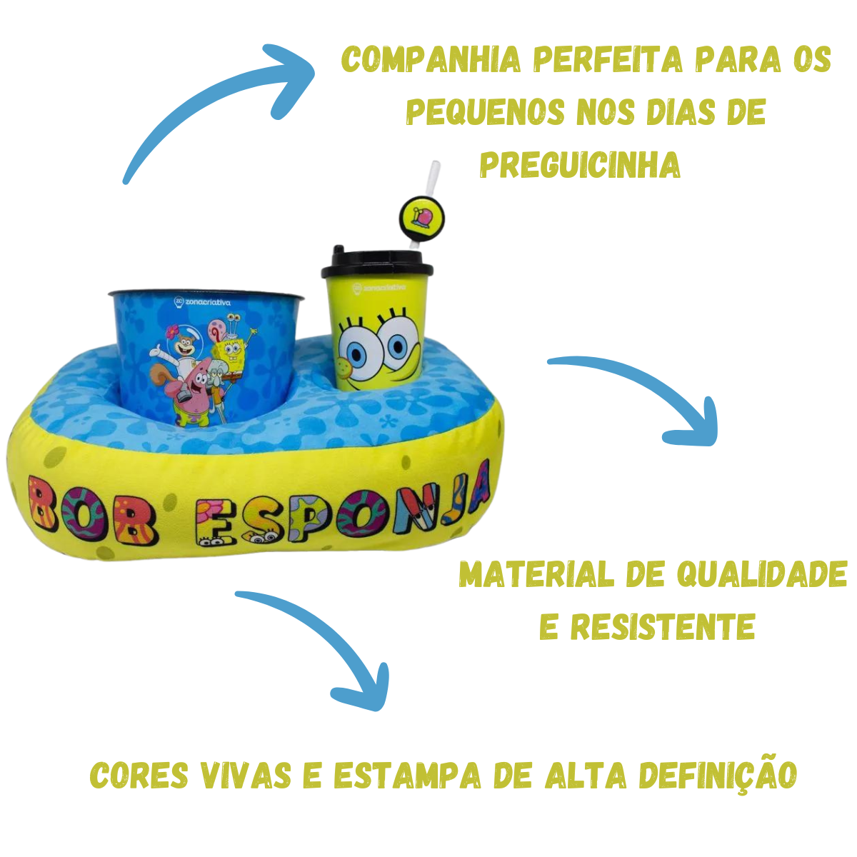 Kit Almofada Porta Pipoca Balde e Copo Bob Esponja Individual Infantil