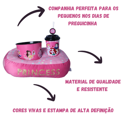 Kit Almofada Porta Pipoca Balde e Copo Princesas Individual Infantil