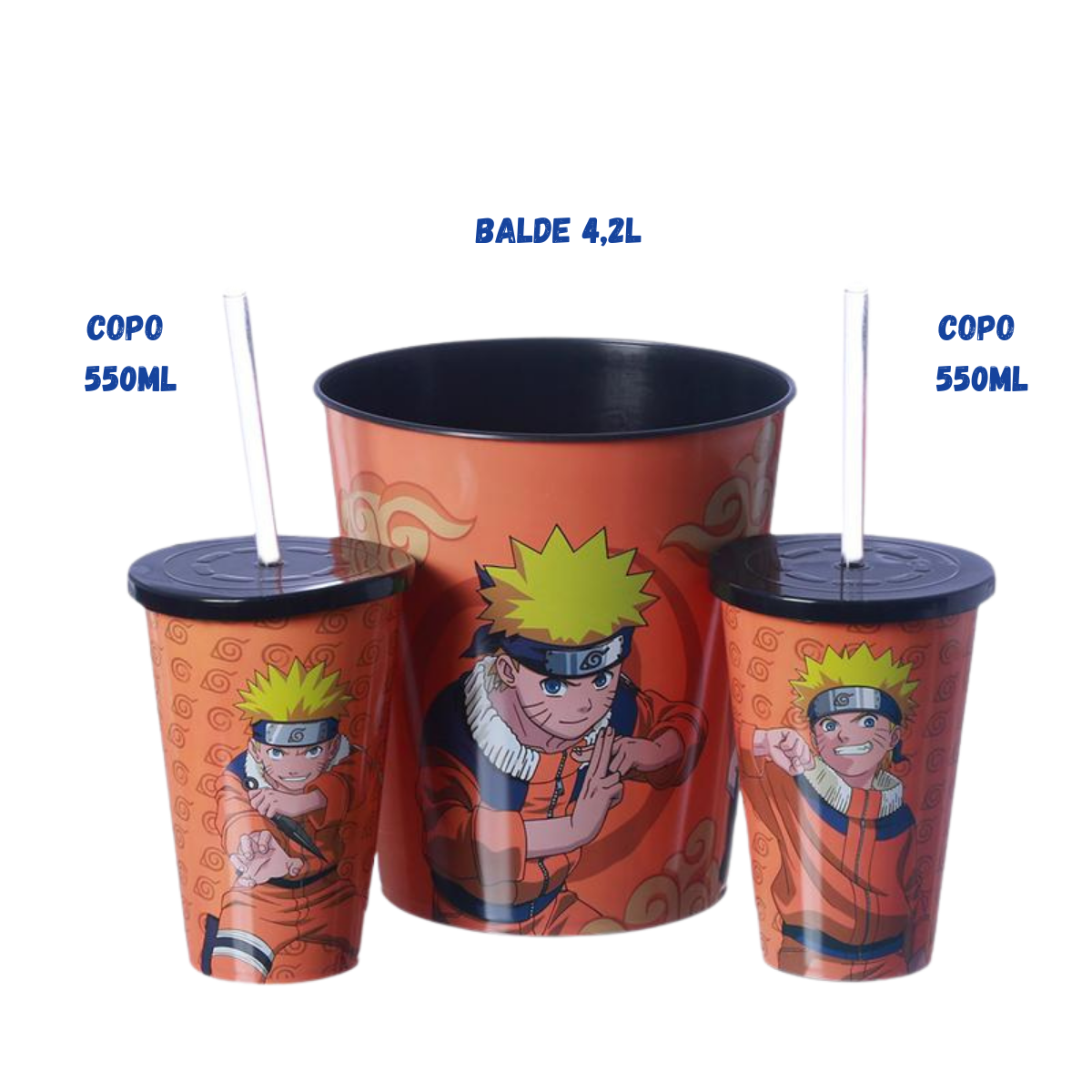 Kit Almofada Porta Pipoca Balde e Copos Naruto Anime