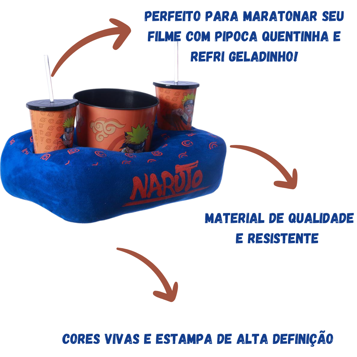 Kit Almofada Porta Pipoca Balde e Copos Naruto Anime