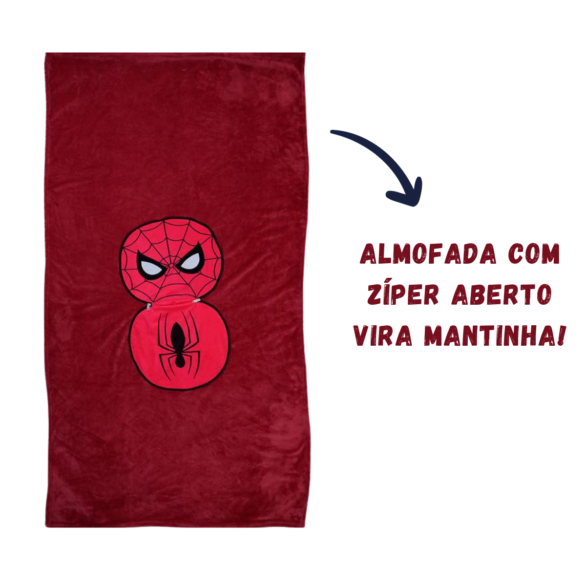 Almofada 2 em 1 Manta com Zíper Veludo Homem Aranha Spiderman