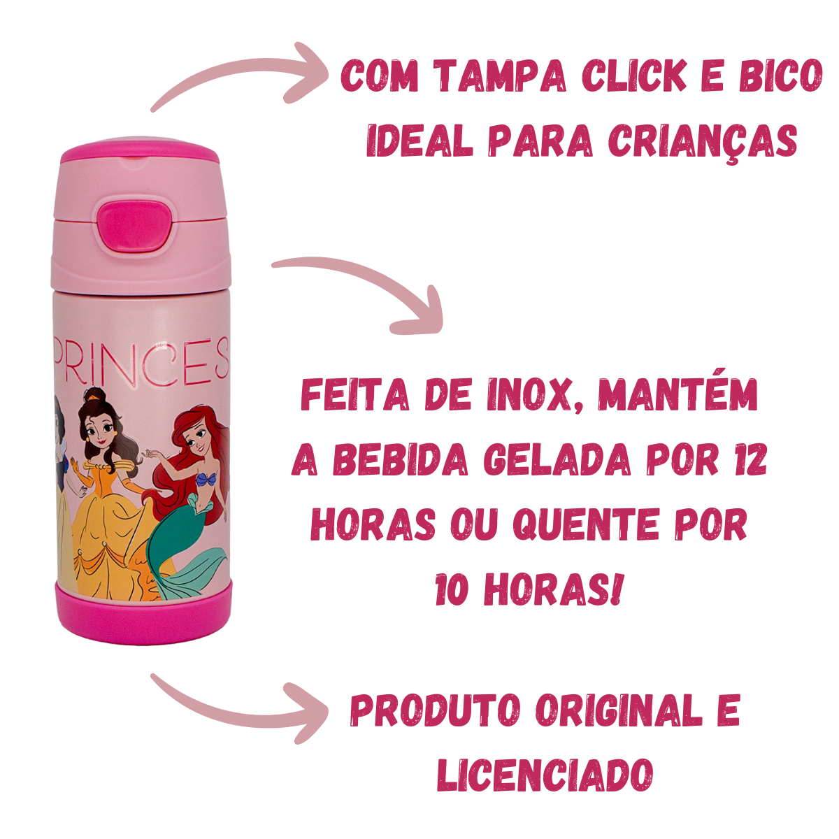 Garrafa Térmica Infantil Princesas Disney 350ml Aço Inox com Canudo