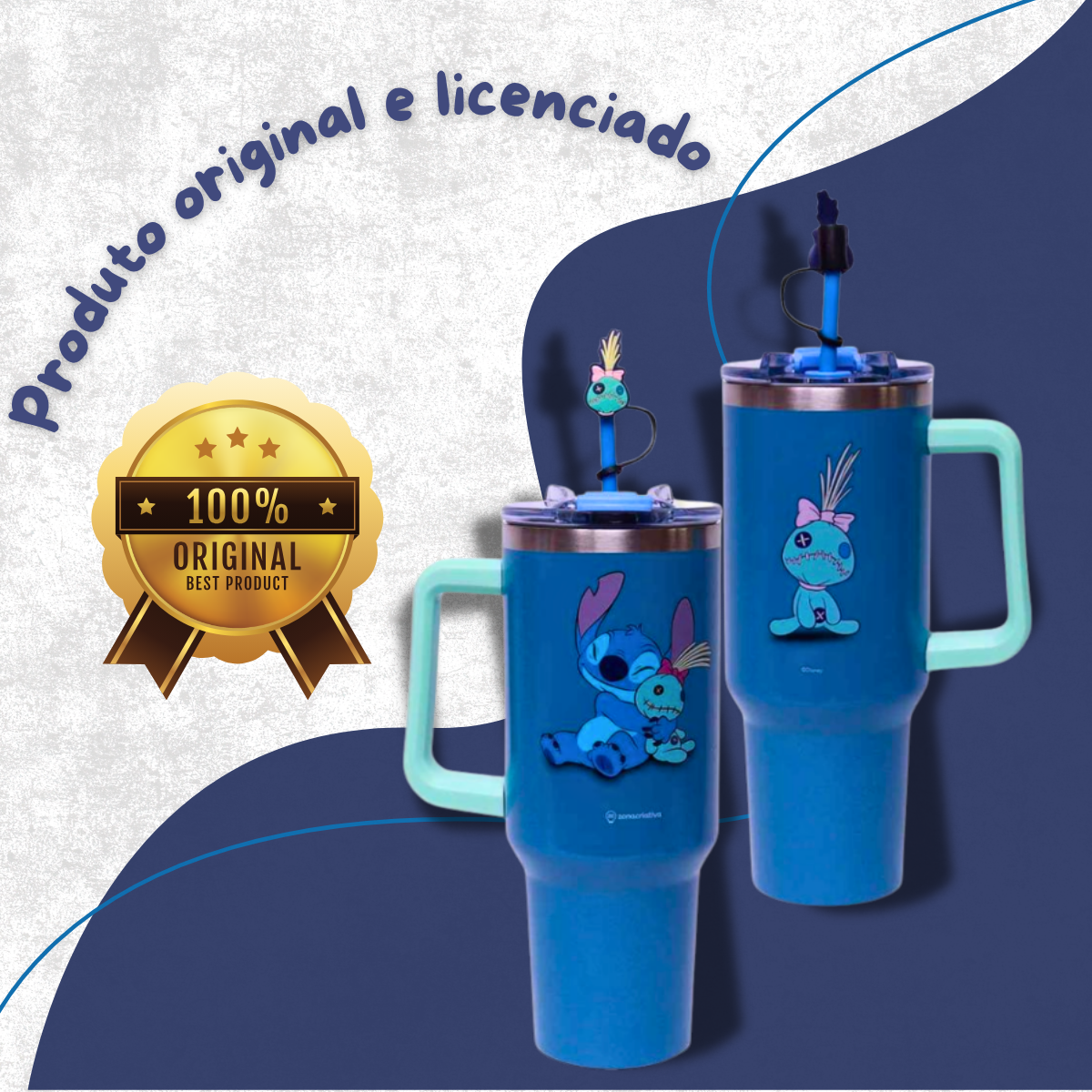 Copo Térmico Stitch e Xepa 1,15L – Aço Inox com Tampa e Canudo com Pingente + Brinde