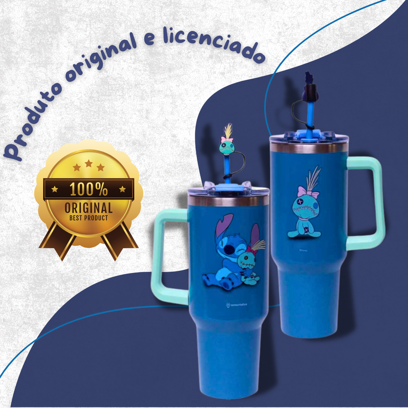 Copo Caneca Térmico Tumbler Com Canudo e Pingente Stitch e Xepa 1,15L