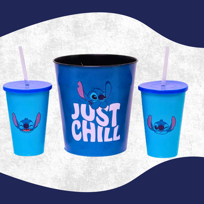 Kit Almofada Porta Pipoca Com Balde e Copos Stitch Just Chill