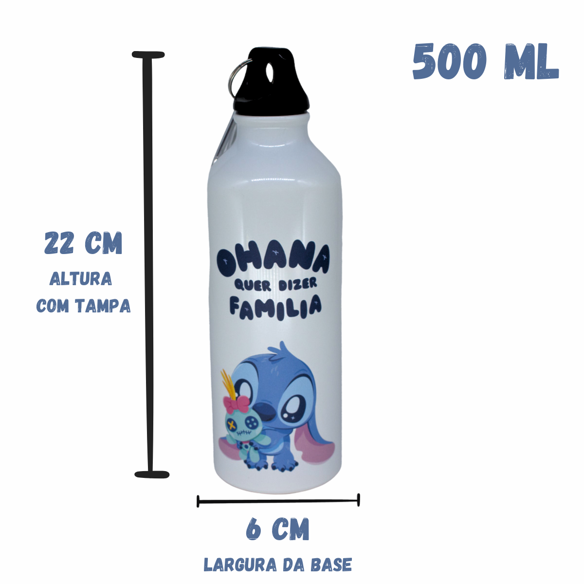 Garrafa de Alumínio Stitch 500ml com Mosquetão – Design Exclusivo Ohana e Estampa Licenciada