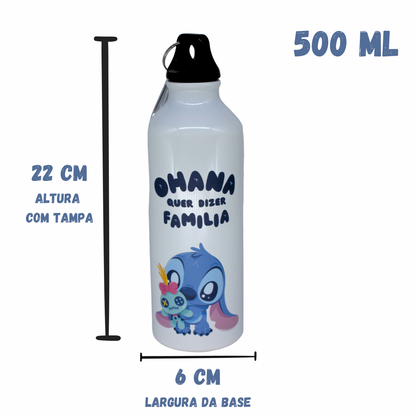 Garrafa de Alumínio Stitch 500ml com Mosquetão – Design Exclusivo Ohana e Estampa Licenciada