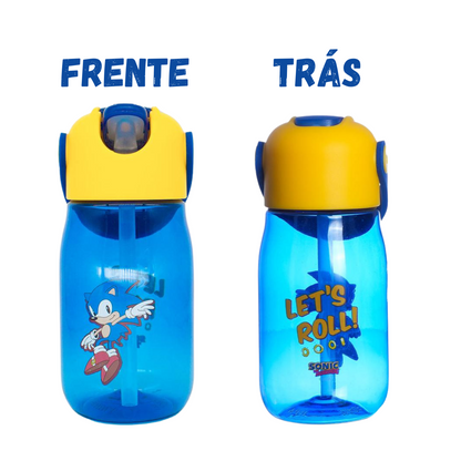 Garrafa Flip Sonic Infantil com Tampa Canudo e Alça 400ml