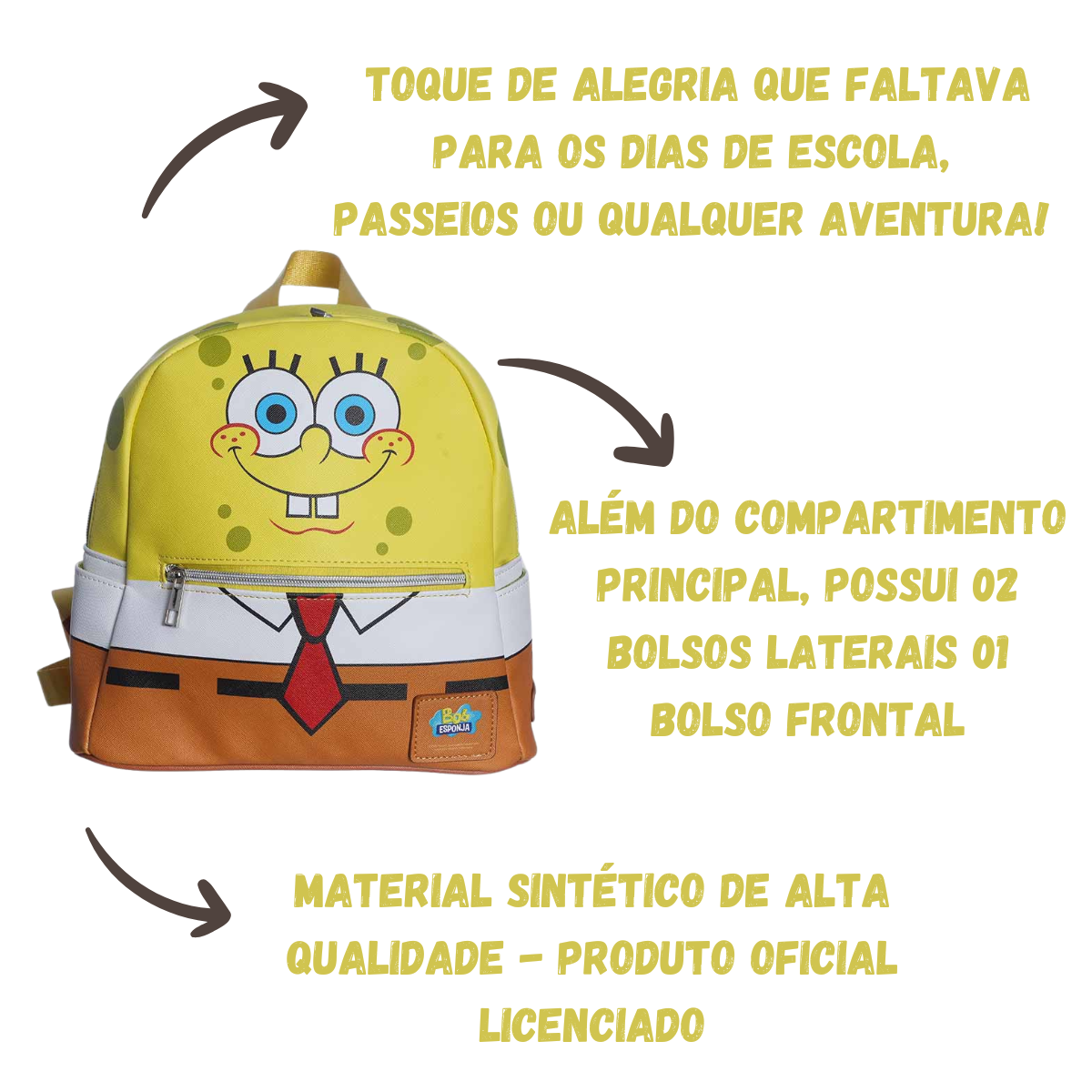 Mochila Infantil Bob Esponja 25cm Com Bolsos Laterais Escola Passeios