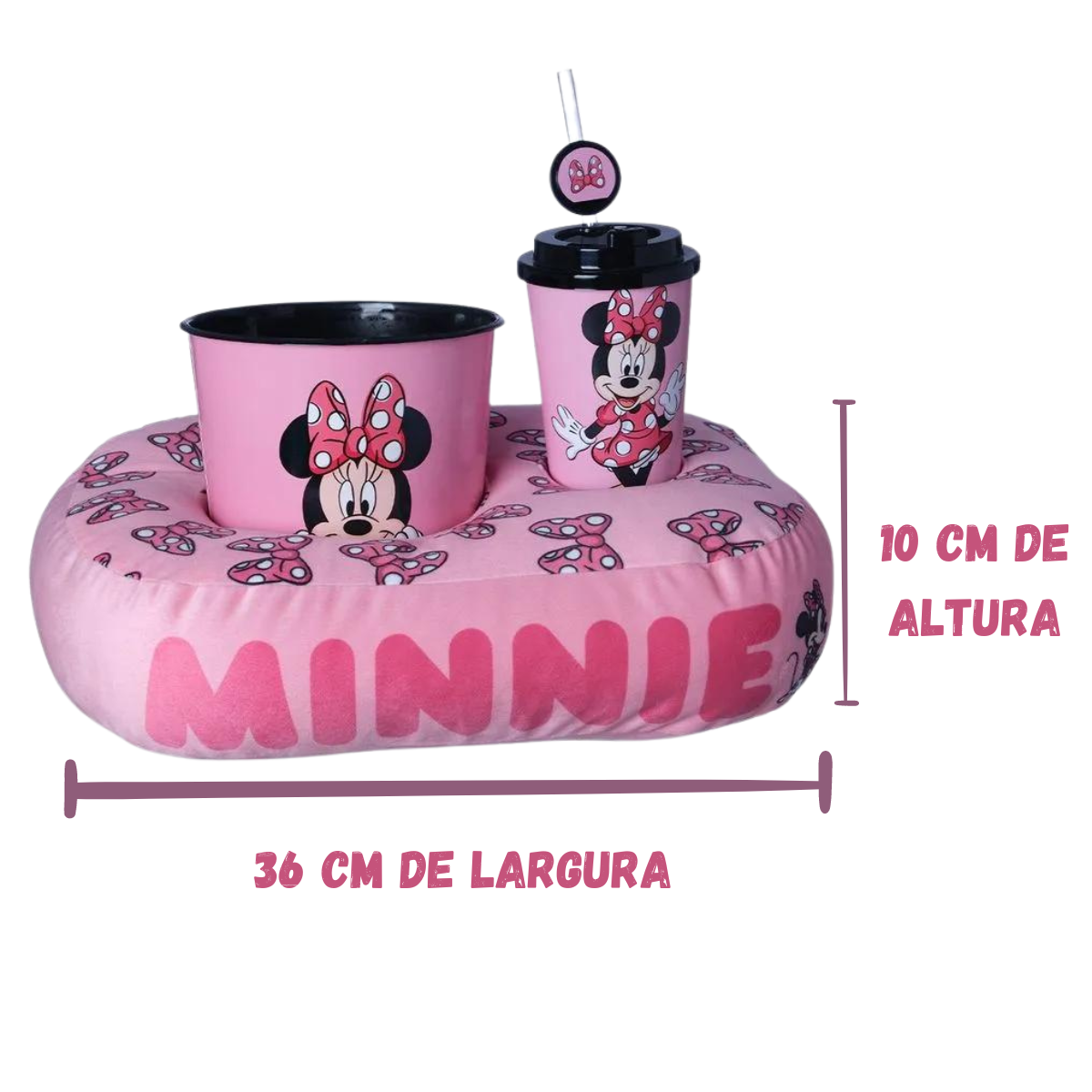 Kit Almofada Porta Pipoca Balde e Copo Minnie Individual Infantil