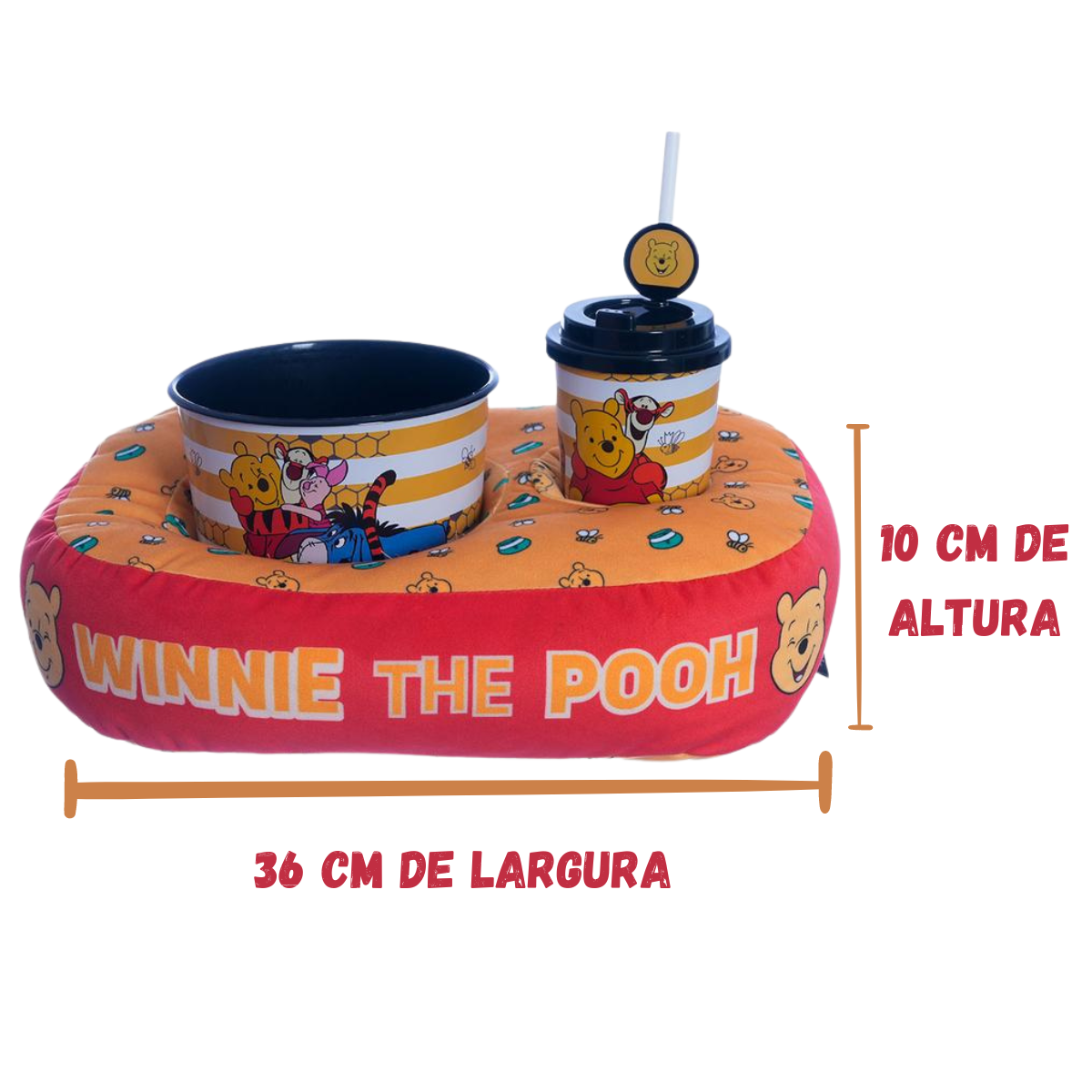 Kit Almofada Porta Pipoca Balde e Copo Ursinho Pooh Individual Infantil