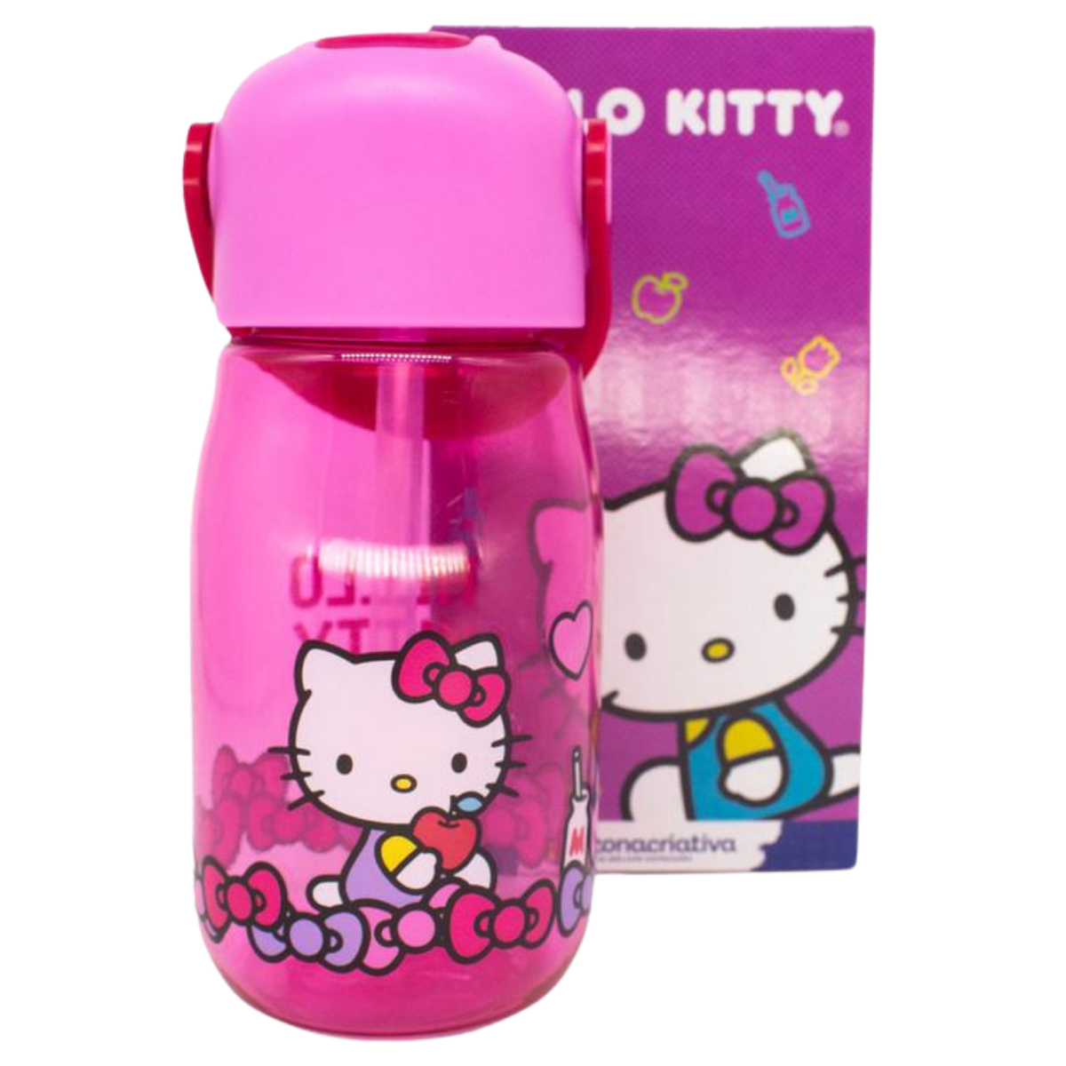 Garrafa Flip Hello Kitty  Infantil Com Tampa Canudo e Alça 400ml 