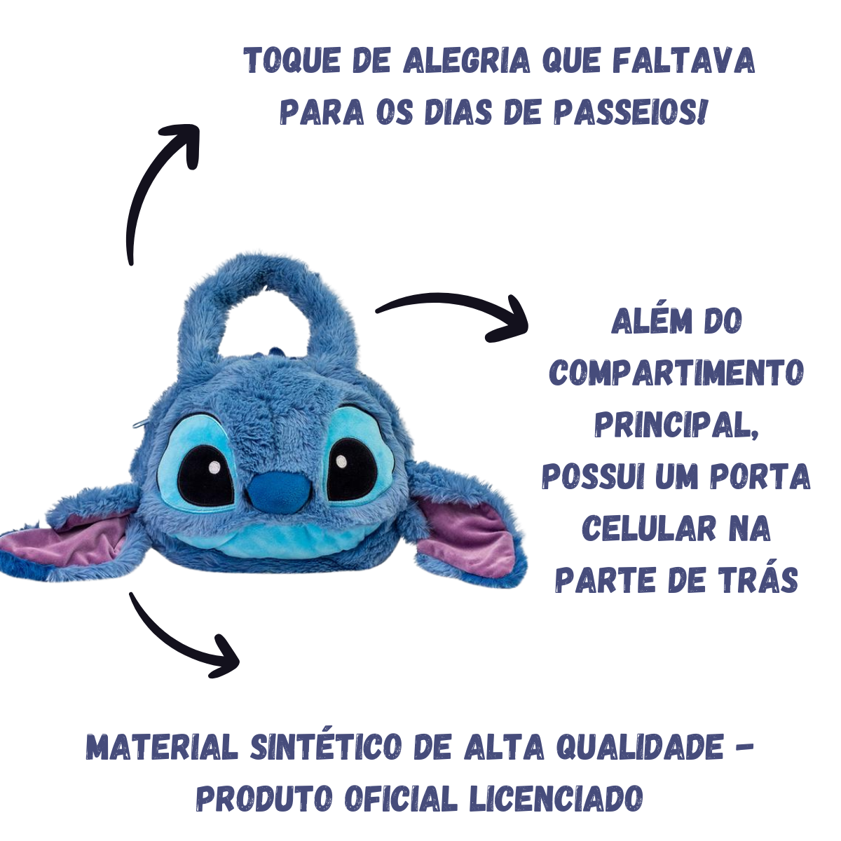 Bolsa Infantil Stitch Pelúcia Macia Compartimento Interno  Bolso Transparente Celular
