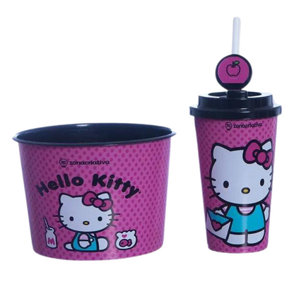 Kit Pipoca Hello Kitty com Almofada, Balde 1,3L e Copo 400ml + Brinde