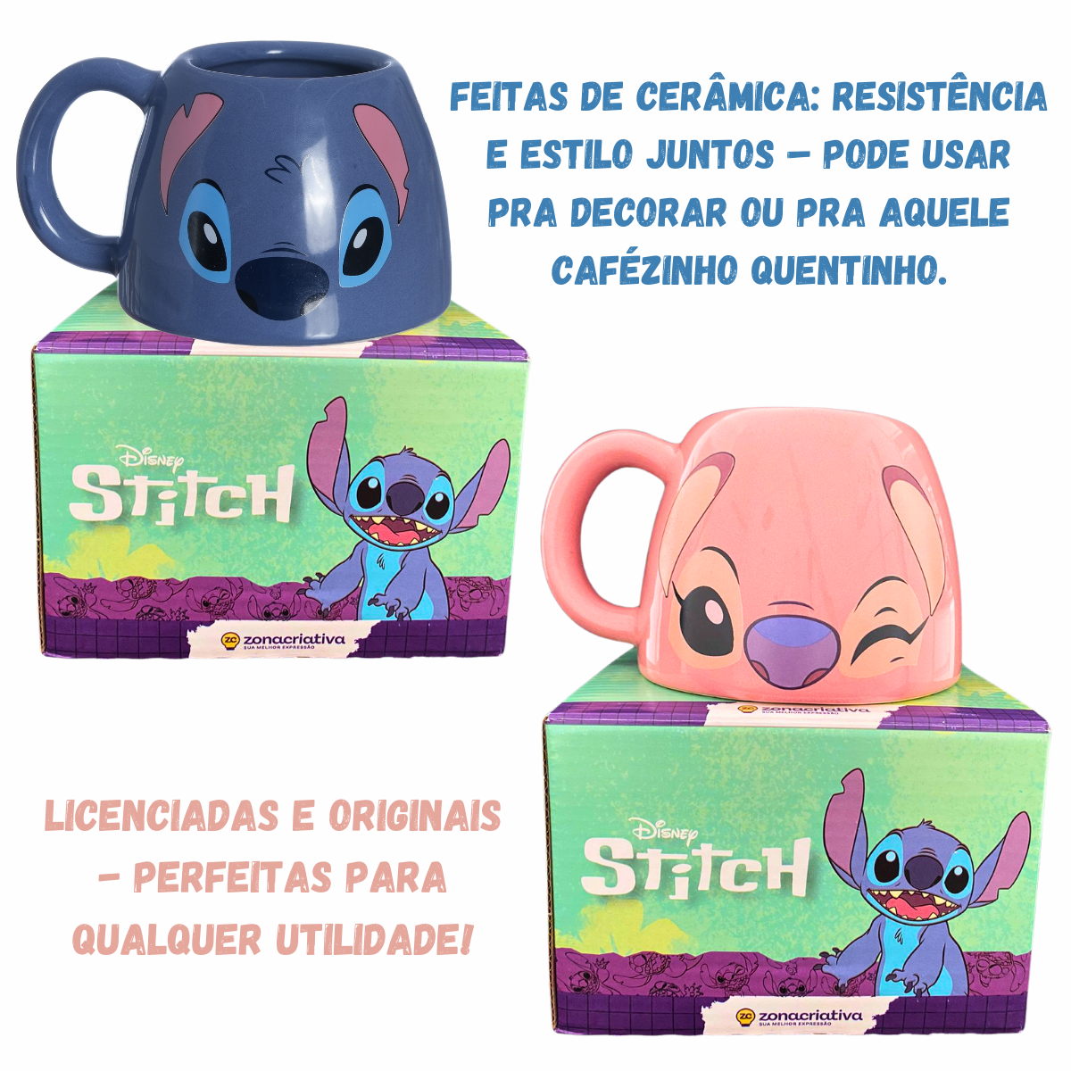 Kit 2 Canecas Stitch e Angel Vaso Porta Lápis 450ml