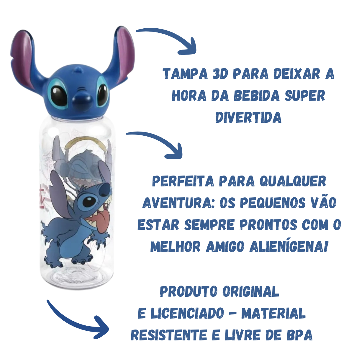 Garrafa Plástico 3d Stitch Tampa Antivazamento Infantil 560ml