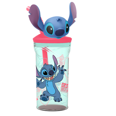 Copo 3d Plástico Stitch com Canudo e Tampa Infantil 360ml