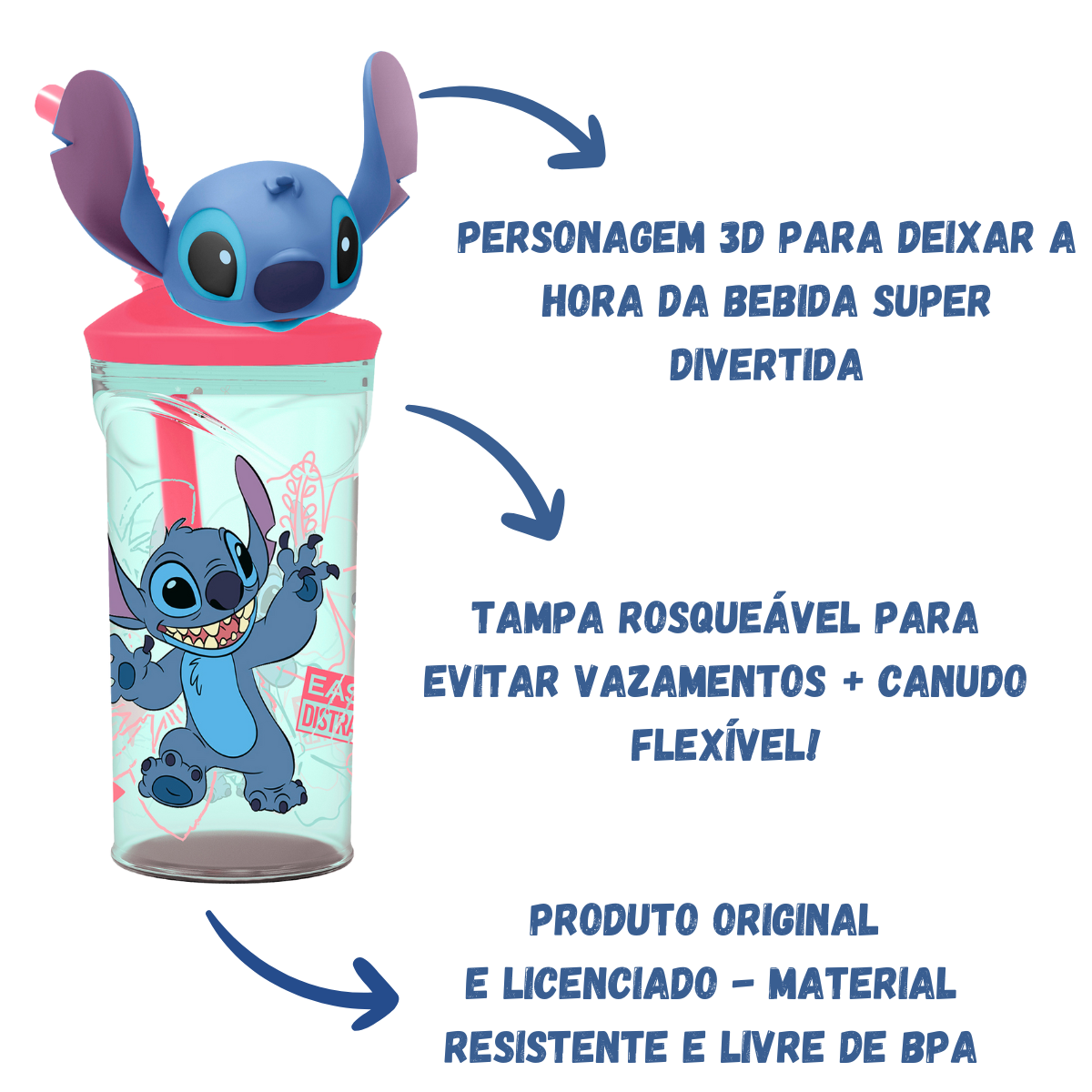 Copo 3d Plástico Stitch com Canudo e Tampa Infantil 360ml