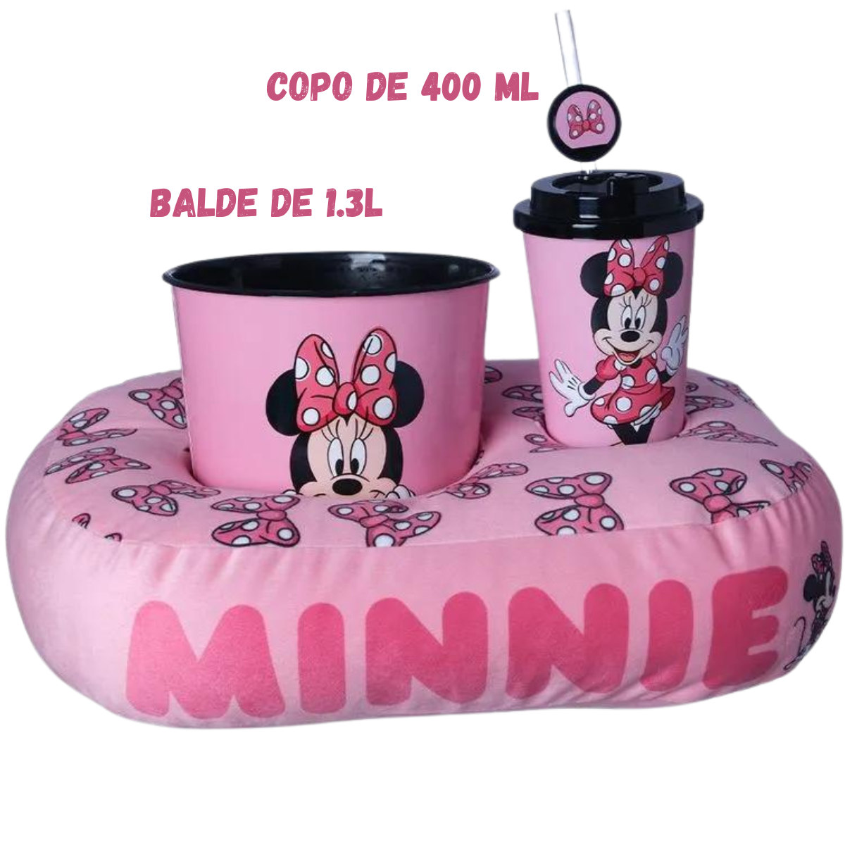 Kit Almofada Porta Pipoca Balde e Copo Minnie Individual Infantil