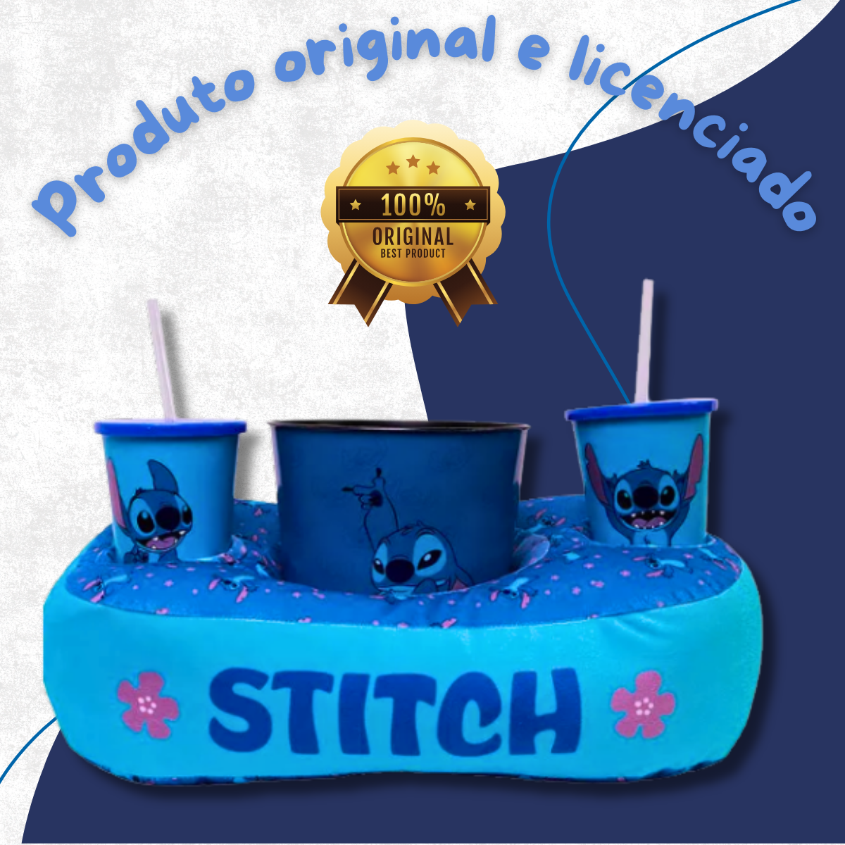 Kit Almofada Porta Pipoca Com Balde e Copos Stitch Just Chill
