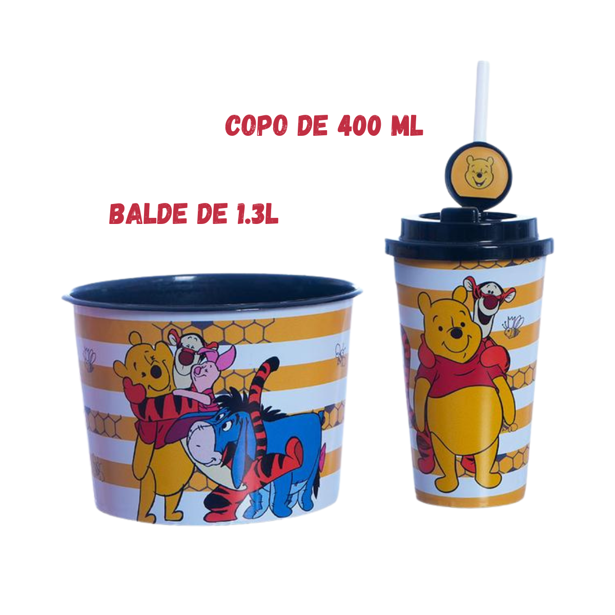 Kit Almofada Porta Pipoca Balde e Copo Ursinho Pooh Individual Infantil