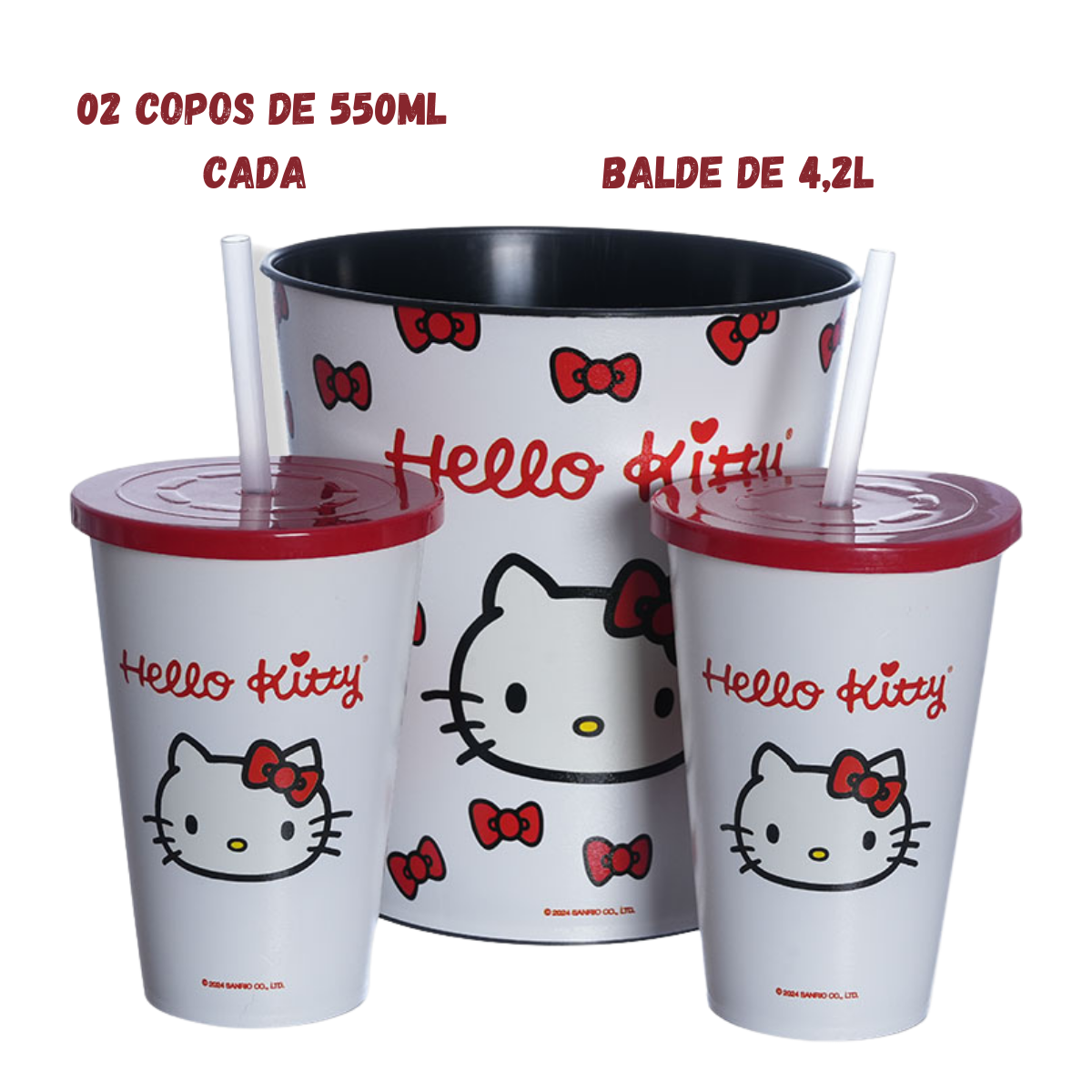 Kit Almofada Porta Pipoca Balde e Copos Hello Kitty