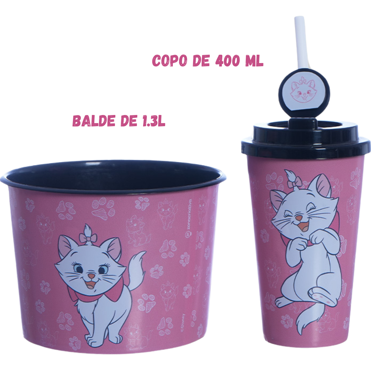 Kit Almofada Porta Pipoca Copo e Balde Gata Marie Infantil