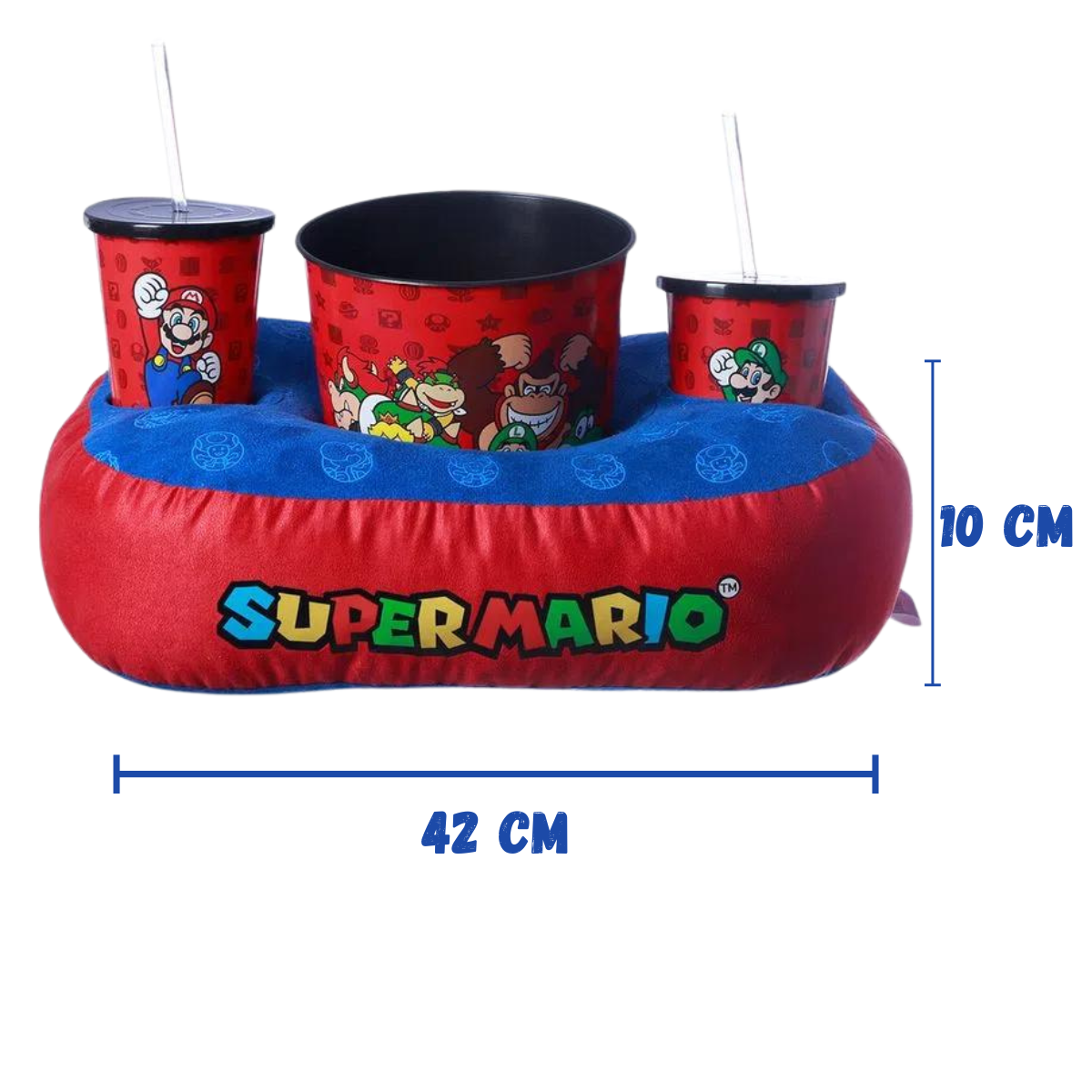Kit Almofada Porta Pipoca Balde e Copos Super Mario Bros Video Game