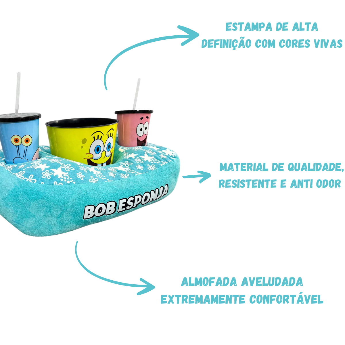 Kit Almofada Porta Pipoca Balde e Copos Bob Sponja